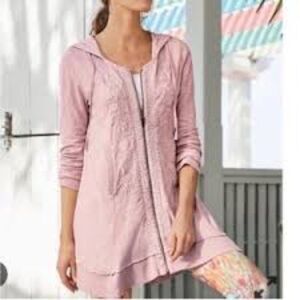 Soft Surroundings Corrina Pink Floral Embroidered Zip Hoodie Sweatshirt Small